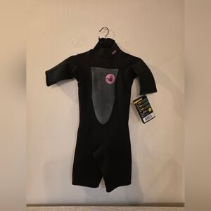 Women's Body Glove 2/1mm black shorty spring wetsuit with a back zip entry.